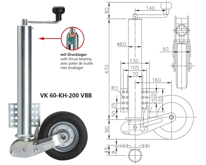 WINTERHOFF VK60-KH-200VBB automatisches Stützrad mit Griff 250 kg 60 mm 560–1030 mm