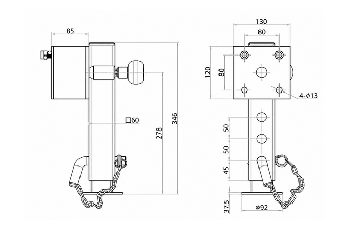 UNITRAILER JL1 ausziehbare Kurbelstütze für 1500 kg Pritschenanhänger 346-576 mm