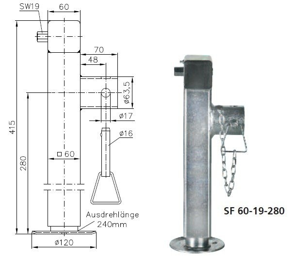 Ausziehbare Stütze mit Kurbel und Adapter WINTERHOFF SF60-19-280 für 1300 kg Pritschenanhänger 415-655 mm